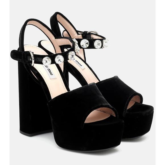 MIU MIU Embellished Velvet Platform Sandals - 36.5 (6.5) - Nero - Picture 1 of 6